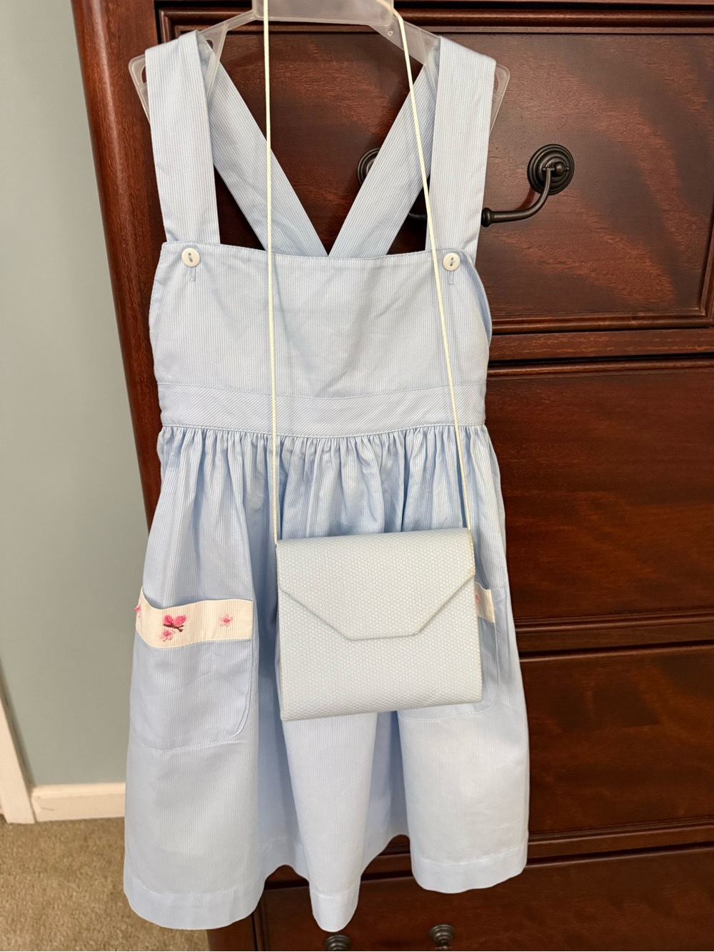 Strasburg Children Light Blue Girls' Pinafore Dress with Crossback Straps